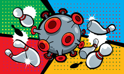 Corona Covid-19 virus impact our daily life, just like a bowling strikes all pins. Presented in pop art style.