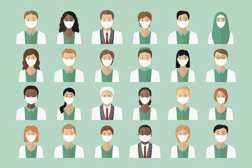 Set of doctors in medical masks and gowns. Vector illustration