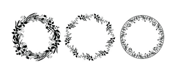 Set of silhouettes of wreaths of field herbs and plants. Black vector round frames isolated on white background. Medicinal flowers, twigs, leaves. Template design for print, cosmetics, tea, pharmacy.