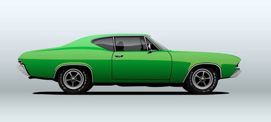 Plakat Green muscle car, view from side, in vector. 