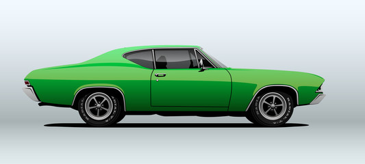 Green muscle car, view from side, in vector.
