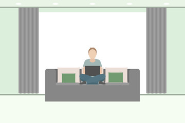 Man sitting on sofa with laptop. Vector illustration.