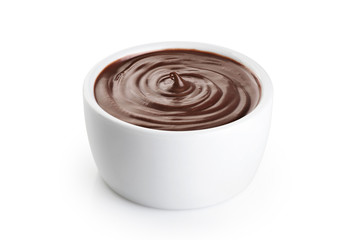 Bowl with chocolate butter isolated on white background.