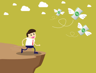 cartoon businessman chasing money, Businessman catches monetts. The concept of the desire for wealth. Vector illustration, man chasing money, runs after flying dollar bills
