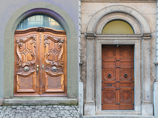 two wooden door with beautiful decorative wooden trim in the historic part of Lisbon