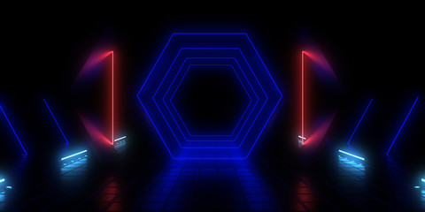 3D abstract background with neon lights. neon tunnel .space construction . 3d illustration