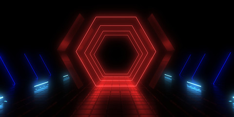 3D abstract background with neon lights. neon tunnel .space construction . 3d illustration