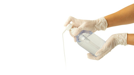 Women wear a glove and using alcohol gel on a white background.