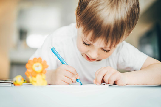 Little Boy Drawing At Home.  