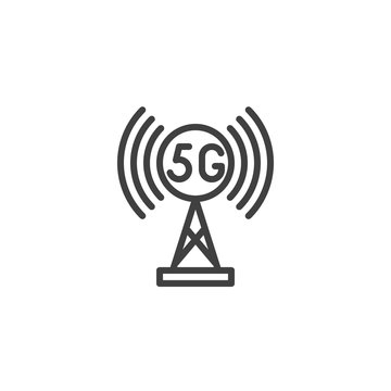 5G Transmission Tower Line Icon. Linear Style Sign For Mobile Concept And Web Design. Broadcasting, 5G Antenna Outline Vector Icon. Symbol, Logo Illustration. Vector Graphics