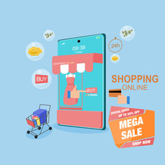 Special offer shopping online concept for flat design, online trading for web page, website, template and background, vector illustration about shopping online