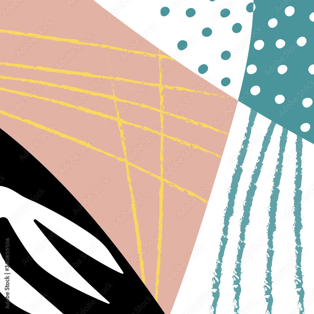Poster abstract shapes, doodles and tropical leaves vector illustration. collage of hand drawn marks and sc