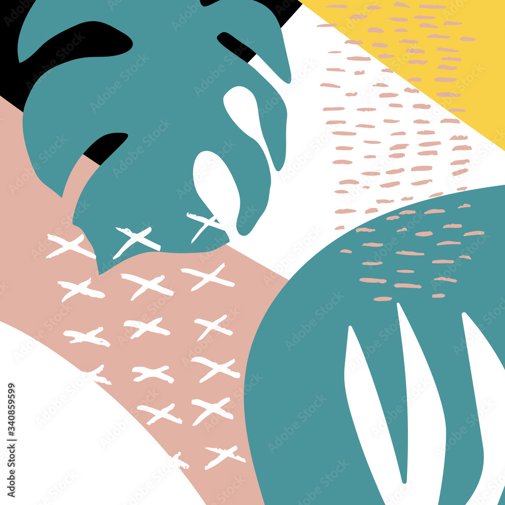 Poster abstract shapes, doodles and tropical leaves vector illustration. collage of hand drawn marks and sc