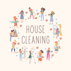 House cleaning. Cute housewife doing the housework. Vector collection.