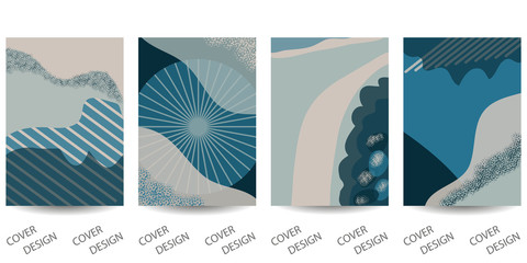 Abstract minimal geometric backgrounds set.Hand-drawn collage with art texture in blue and beige tones . For printing on covers, banners,  sale promotion, flyers. Modern design. Vector. EPS10