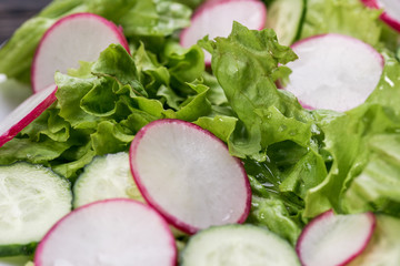 Fresh and delicious salad with lettuce, radish, cucumbers and olive oil in a white bowl, with table offerings
