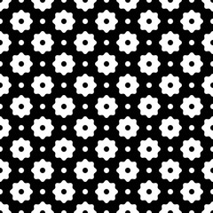 Seamless pattern. Vector abstract simple design. White flower elements and dots on a black background. Modern minimal illustration perfect for backdrop graphic design, textiles, print, packing, etc.