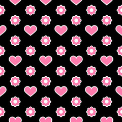 Vector Seamless Pattern. Pink hearts and flowers with a white outline on a black background. Modern illustration great for festive background, design greeting cards, textiles, packing, wallpaper, etc.