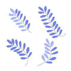 Cute stylized violet fern leaves set. Hand drawn simple flat leafy plants for the design of postcards, icons, logo. Stock vector illustration isolated on white background.