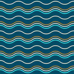 Vector Seamless Pattern. Colored horizontal wavy lines on a dark turquoise background. Simple modern illustration great for festive background, design greeting cards, textiles, packing, wallpaper, etc