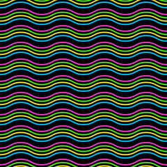 Vector Seamless Pattern. Colorful horizontal wavy lines on a black background. Simple modern illustration great for festive background, design greeting cards, textiles, packing, wallpaper, etc.