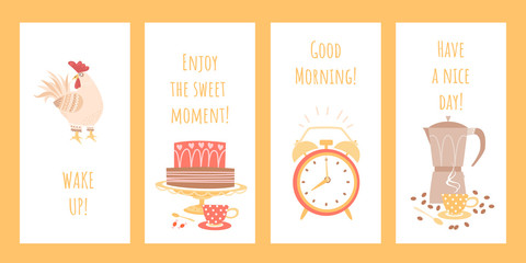 Set of good morning greeting card mockups with a funny rooster, alarm clock and coffee makers. Wake up and enjoy the happy moments of the concept