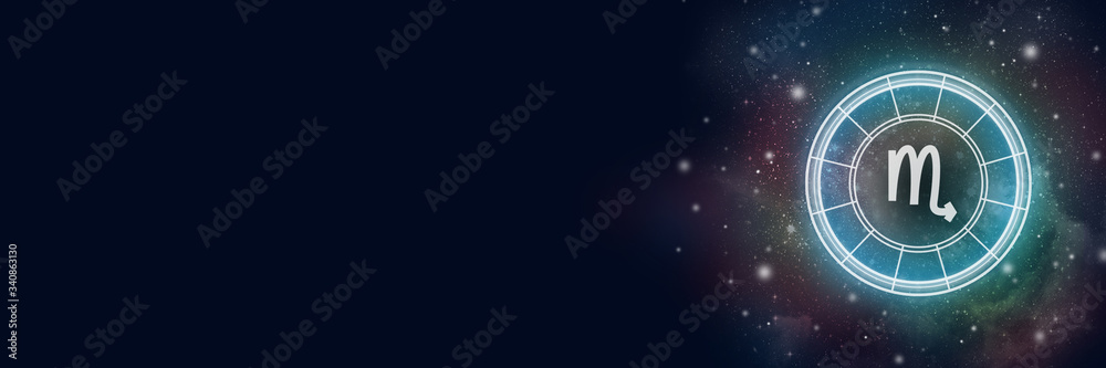 Wall mural astrological circle with the zodiac sign scorpio on a background of the starry sky. illustration for