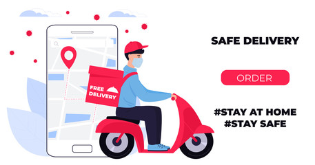 COVID-19. Quarantine in the city. Coronavirus epidemic. Delivery man in a protective mask carries food on a motorbike. Web page design templates. Stay home.