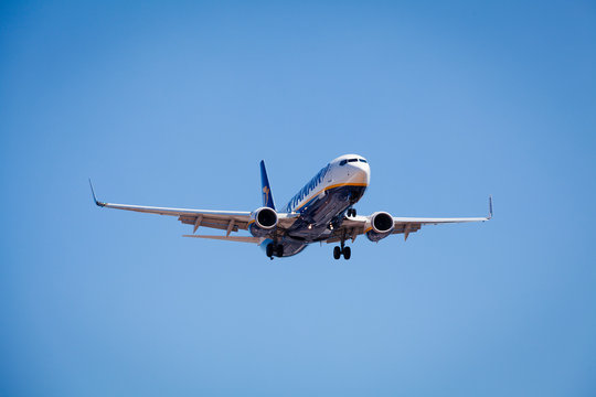 MALAGA, SPAIN - JUNE 23: Ryan Air Plane Lands At AGP Airport On June 23, 2015. Ryan Air Is An Irish Low-cost Airline.