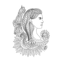 Vector illustration of young woman head with floral hair. Freehand coloring page book anti stress for adult