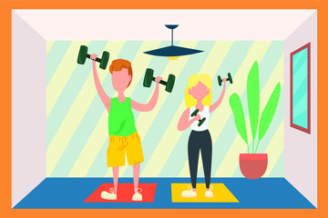 vector illustration of a man and woman doing fitness during corona virus isolation