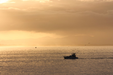 Naklejka na ściany i meble Fishing boat at sunset