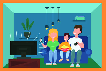 vector illustration of a family watching TV  during corona virus isolation