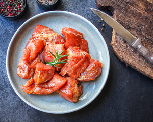 raw meat pork or beef in a plate on the table (preparing healthy food, marinade and spices paprika) menu concept background. top view. copy space for text