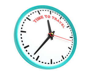Clock shows time to travel. Concept of travelling and adventures. 3D illustration