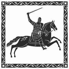 Silhouette of a knight galloping on a horse. Decorative graphics stylization of medieval miniatures. Vector hand illustration