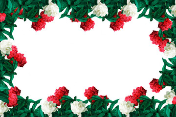Floral frame of white and pink peonies. Place for text. Floral background.