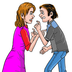 Cartoon couple argument under serious conflict, blaming and pointing each other