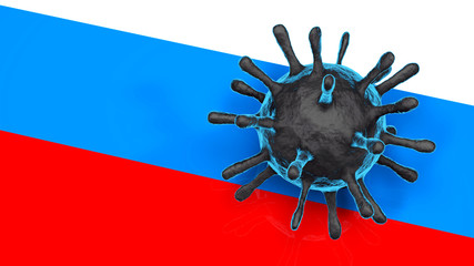 3D model of blue Coronavirus on a Russian flag background