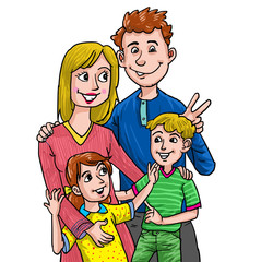 Cartoon happy family with two kids girl, and boy