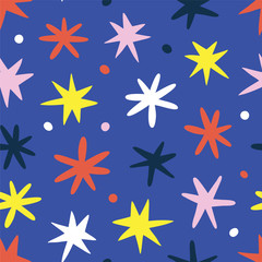 Doodle stars background, cute scribble drawing for kids and babies, scandinavian naive art, seamless vector pattern, good as wrapping paper or print for christmas. Hand drawn babyish backdrop