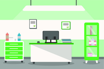 illustration of the interior of a medical office in a hospital or clinic, in a flat style. The doctor's office with a desk, shelf, furniture, medical lamp and other medical equipment 