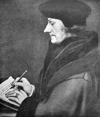 Portret van Erasmus van Rotterdam, een Nederlandse filosoof en christelijke geleerde in het oude boek From the World History, door MN Petrov, 1896, St. Petersburg