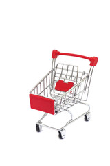Empty red shopping cart isolated on white background