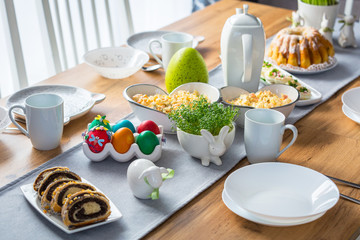 Table with traditional food for Easter breakfast