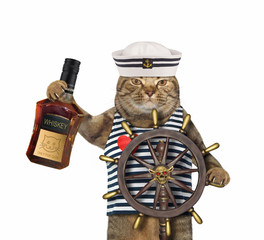 The beige cat in a sailor uniform with a bottle of whiskey is at the helm of the ship. White...