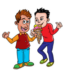 Cartoon best friend sharing eating ice cream