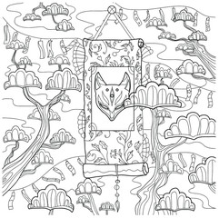 Japanese or chinese fox demon mask kitsune on a scroll surrounded by trees drawing for coloring book without color and background, doodle art. 