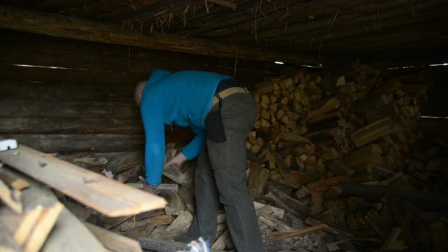 Man takes in an old barn firewood. The old village in the Russian province.