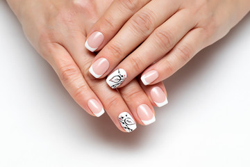 Wedding manicure. French manicure. Classic nails. Drawn leaves on nameless nails. Square short nails.